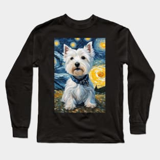Adorable West Highland White Terrier Dog Breed Painting in a Van Gogh Starry Night Art Style Long Sleeve T-Shirt